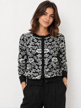 New Cardigan Black/white Floral Feminine Cotton Coastal cardigan sweater sz L